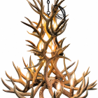 Cascade 3-Tier real mule deer antler chandelier lit with warm Edison bulbs on black chain