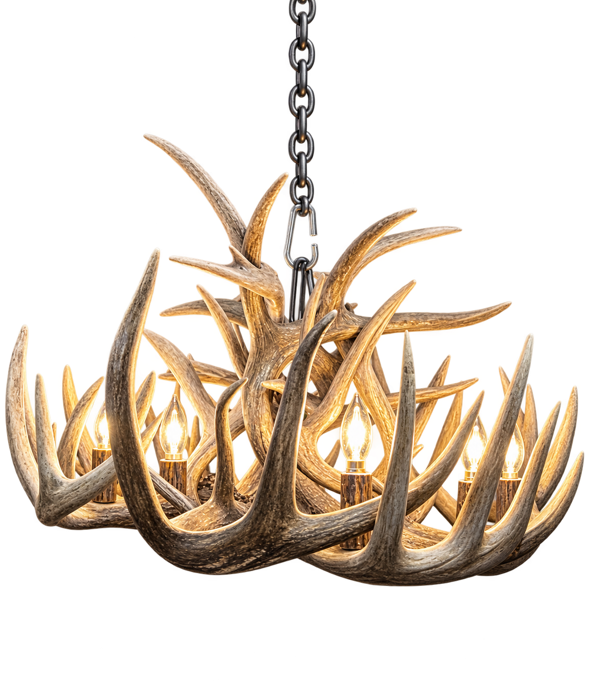 Single Tier Sphinx Whitetail Antler Chandelier front view showing six lights and densely stacked antlers