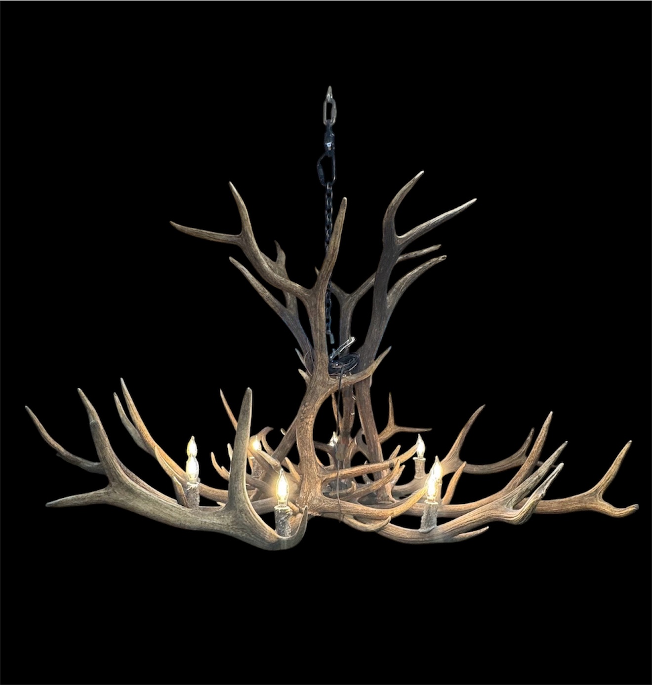 Yellowstone Elk Antler Chandelier Yellowstone Elk Antler Chandelier illuminated on a black background, showing its full cascade of natural elk antlers