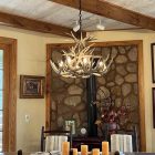 Sphinx Whitetail Antler Chandelier installed in a dining room with exposed candle-style bulbs