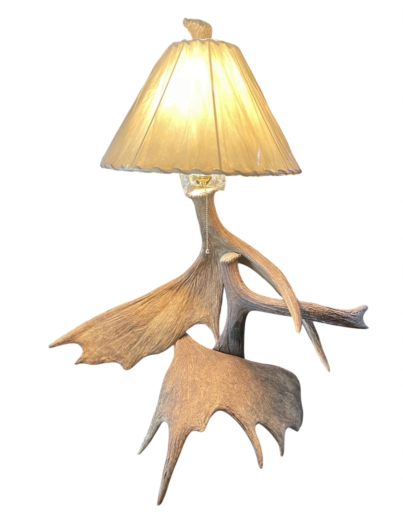 Kenai moose antler lamp with rawhide shade, handcrafted rustic lighting