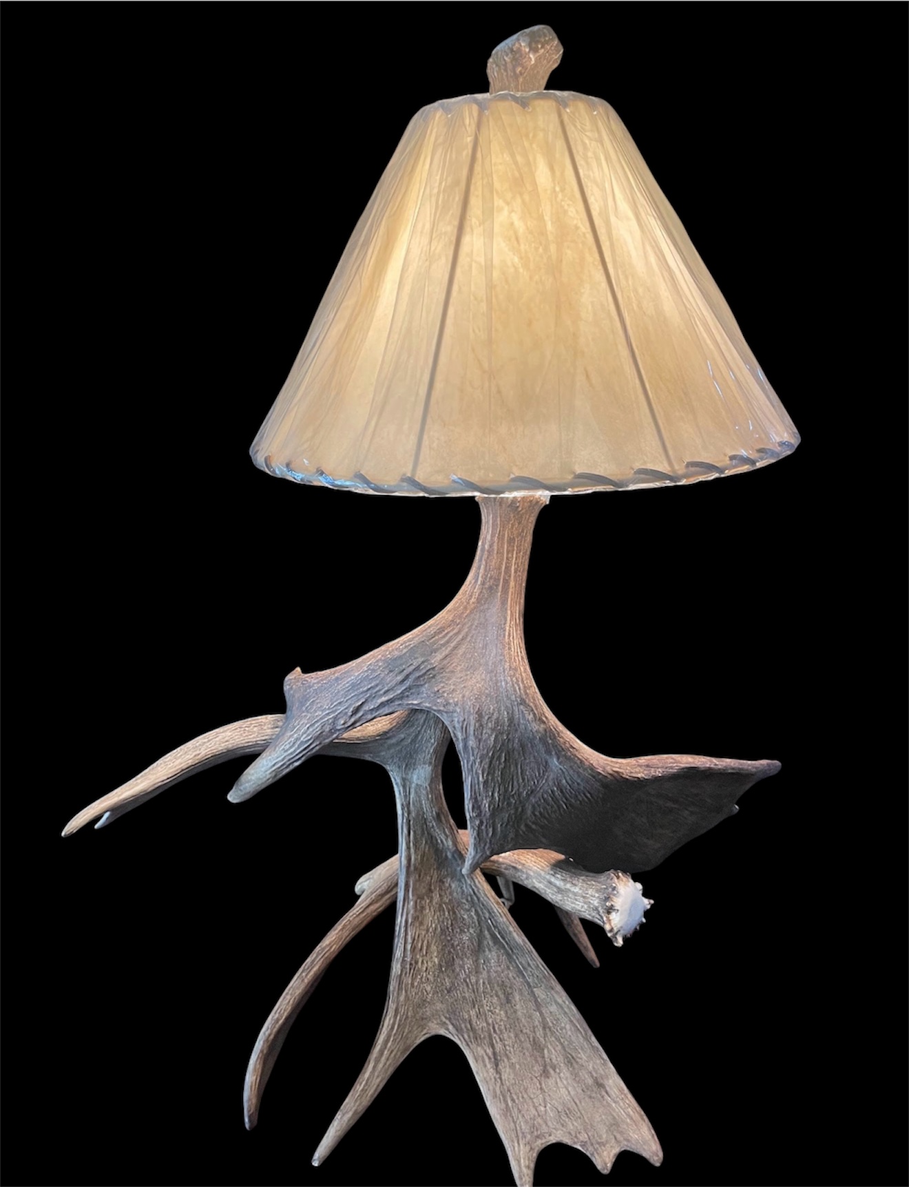 Kenai moose antler table lamp, rustic lighting with rawhide shade