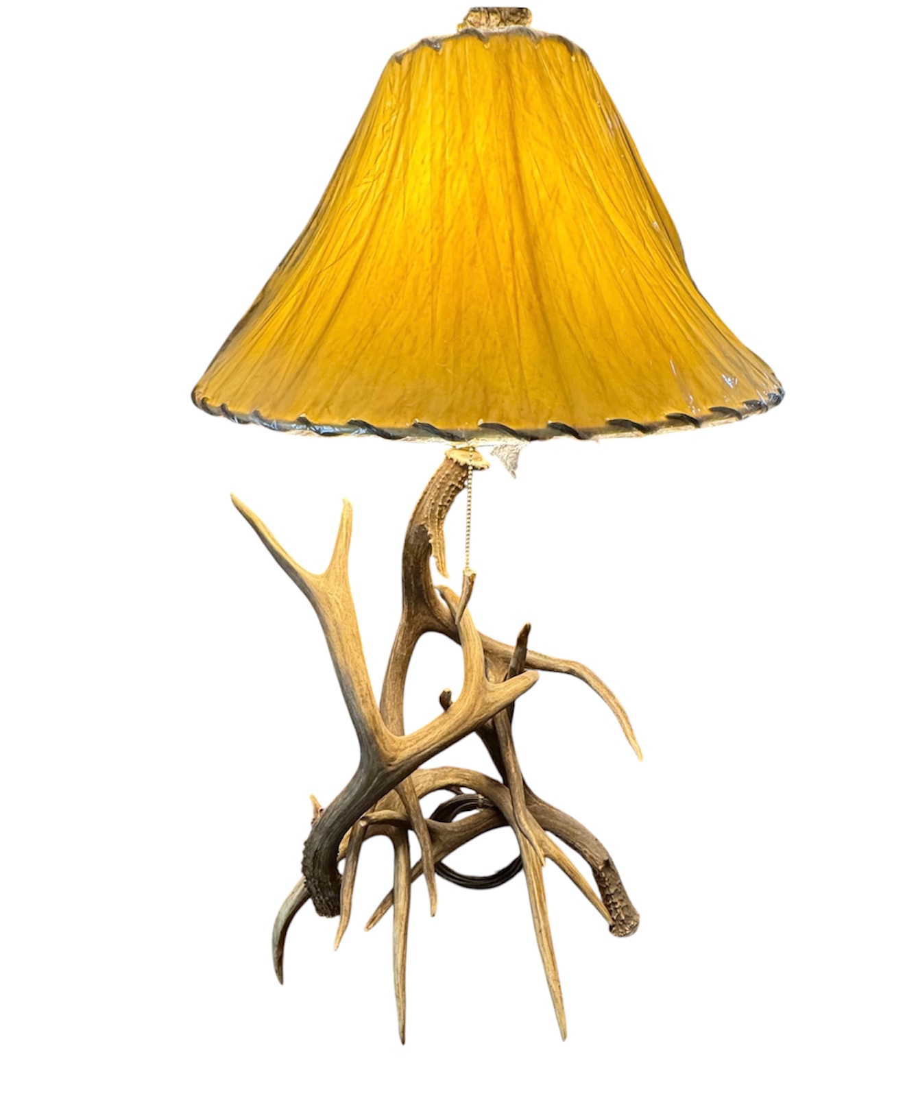 Madison mule deer antler lamp with rawhide shade, rustic lighting