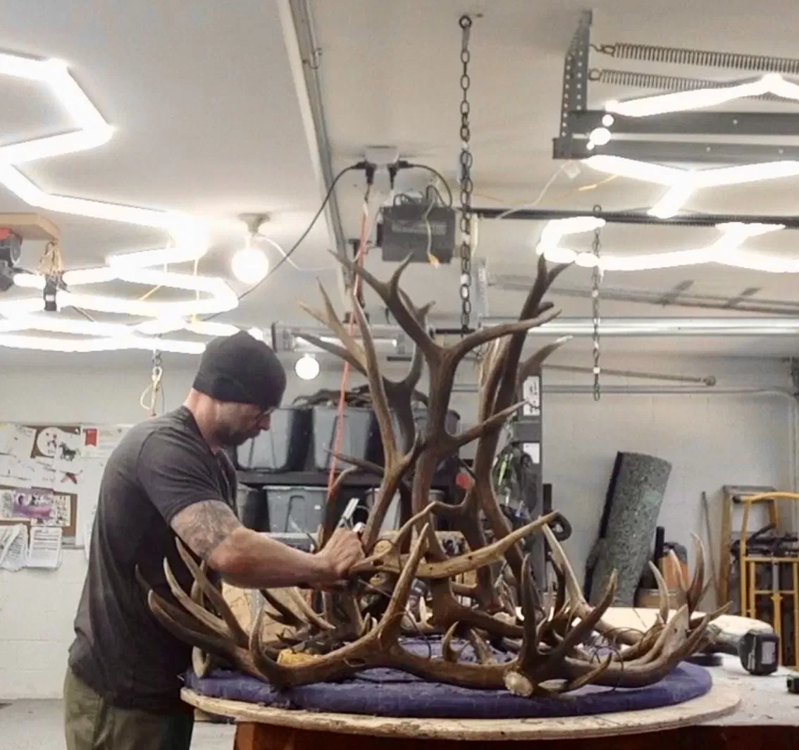 Master builder Dante Martin assembling a large elk antler chandelier in the workshop, showing the natural variation UL file E238337 covers