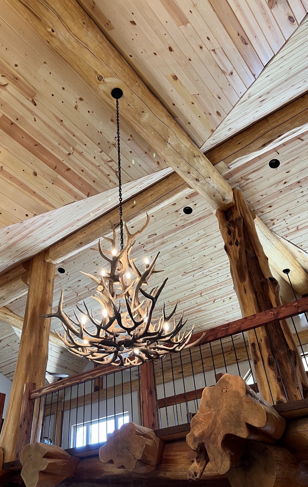 Salish Elk & Mule Deer Antler Chandelier lit in a vaulted timber-frame great room