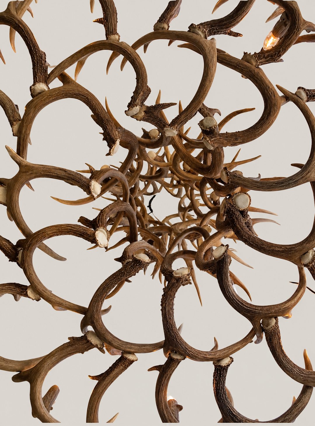 Underview looking up into the six interlocking antler tiers of the XL 6 Tier Whitetail Antler Chandelier