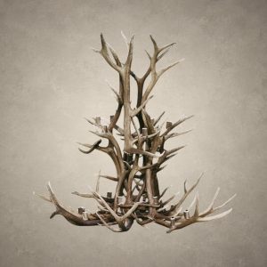 Selway 2-tier elk antler chandelier made from layered Rocky Mountain elk antler with candle-style sockets, front view