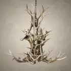 Selway 2-tier elk antler chandelier hanging from a black iron chain, showing the tall upper tier and wide lower tier of elk antler