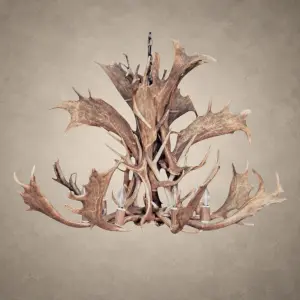 2 tier fallow and mule deer antler chandelier with palmated fallow antler and mule deer tines around candle-style bulbs, hanging from an iron chain