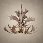 2 tier fallow and mule deer antler chandelier lit with laced rawhide-style shades on each light