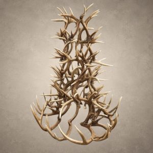 6 tier whitetail antler chandelier in natural antler finish, six stacked tiers of whitetail deer antler in a tall tree-like silhouette