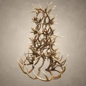 6 tier whitetail antler chandelier in natural antler finish, six stacked tiers of whitetail deer antler in a tall tree-like silhouette