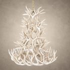 6 tier whitetail antler chandelier in bleached white antler finish, hanging from a brass chain