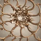 Looking up into the 6 tier whitetail antler chandelier, showing curved whitetail antlers spiraling out from the center