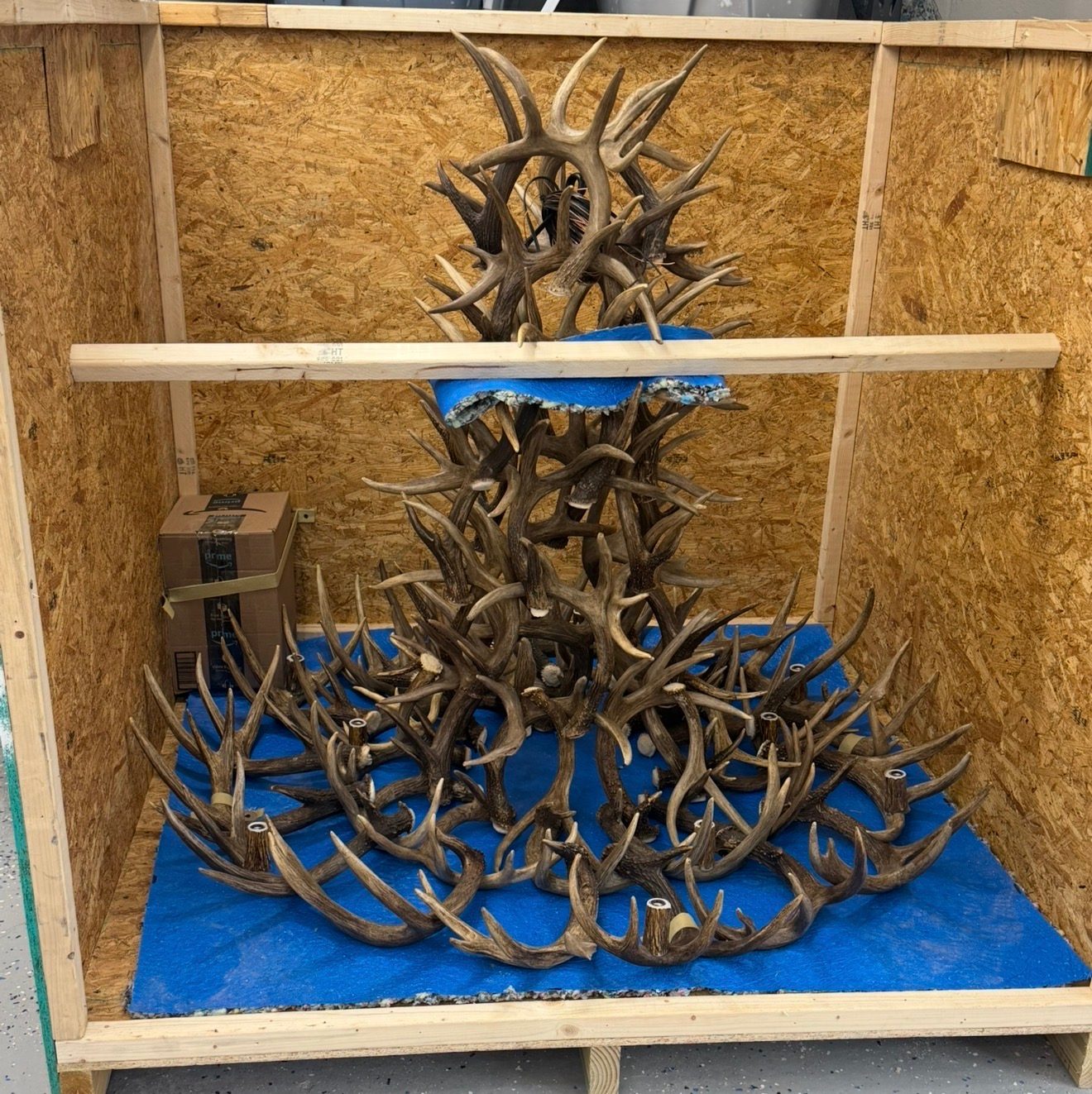 Antler chandelier resting on foam padding inside a custom wooden shipping crate with a support rail