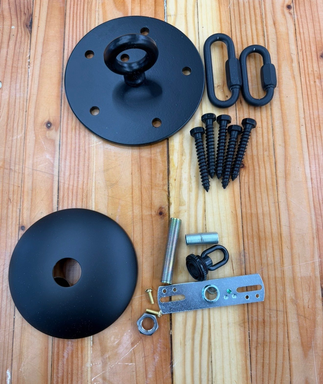 Antler chandelier hanging hardware: ceiling plate with eye, canopy, quick links, lag bolts, crossbar, threaded nipples, loop and lock nut
