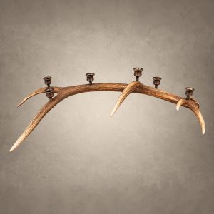 Elk antler candelabra – Extra Large 6 Candle: a long natural elk antler with six rich bronze candle cups set along the beam and tines