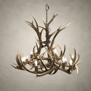 Gallatin elk and mule deer antler chandelier lit with 14 candle-style bulbs, hanging from a black iron chain