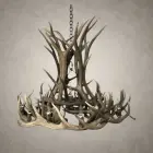 Gallatin elk and mule deer antler chandelier unlit, showing the tall elk antler center and wide ring of antler around the lights