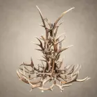 Salish elk and mule deer antler chandelier lit with candelabra bulbs, layered elk and mule deer antler in a tall western silhouette