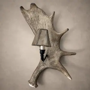 Denali moose antler wall sconce, a single moose antler paddle with a black iron arm and rawhide-style shade, mounted on a wall