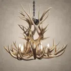 Deerlodge mule deer antler chandelier in natural antler finish with lit candle-style bulbs, hanging from a black iron chain
