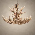 Shoshone mule deer antler chandelier with a wide, low ring of mule deer antler around 8 candle sockets, hanging from an iron chain