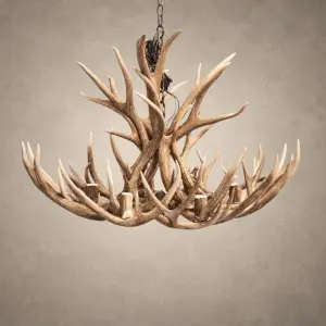 Shoshone mule deer antler chandelier with a wide, low ring of mule deer antler around 8 candle sockets, hanging from an iron chain