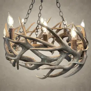 Renegade mule deer and whitetail antler chandelier, a low ring of woven antler with candle-style lights, hung from three iron chains