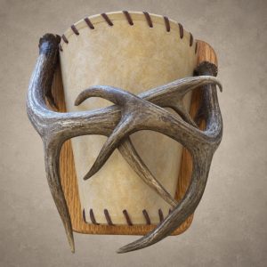 Whitetail antler wall sconce – Pathfinder: crossed natural whitetail antlers, laced parchment shade and oak wall plate