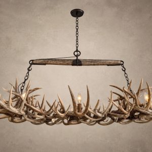 Roundup rectangular whitetail antler chandelier lit, front view, handmade from genuine whitetail deer antler
