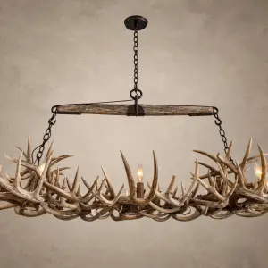 Roundup rectangular whitetail antler chandelier lit, front view, handmade from genuine whitetail deer antler