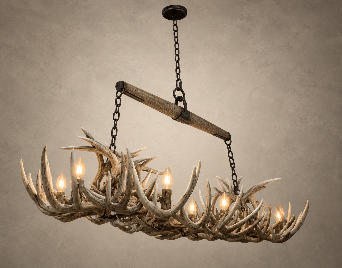 Angled view of the Roundup rectangular whitetail antler chandelier showing layered antler and two antler towers
