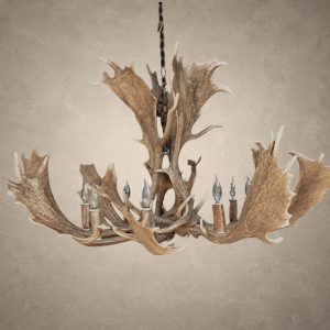 Glacier single tier fallow deer antler chandelier with wide palmated fallow antlers spreading around candle-style bulbs, hanging from an iron chain