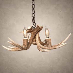 Single Tier Fawn whitetail antler chandelier, a compact 3-light fixture of crossed natural whitetail antler hanging from a dark iron chain