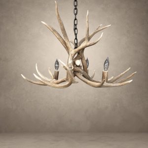 Osprey single tier mule deer antler chandelier with four candle-style lights hanging from a black iron chain, front view