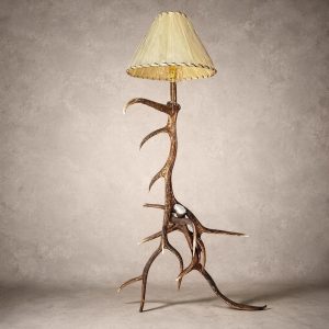 Wapiti elk antler floor lamp with a laced rawhide shade, built from real bull elk antlers