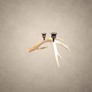 Mule deer antler candelabra – Medium 2 Candle: a real deer antler with two bronze candle cups set along the beam