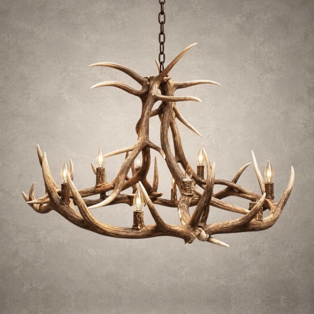 Yellowstone elk antler chandelier with a tall crossed-antler center above a wide elk antler ring